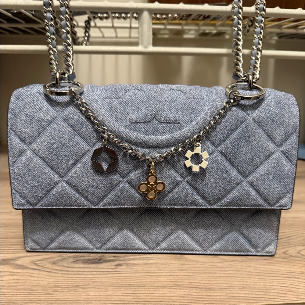 Tory Burch Denim-Print Suede Shoulder Bag